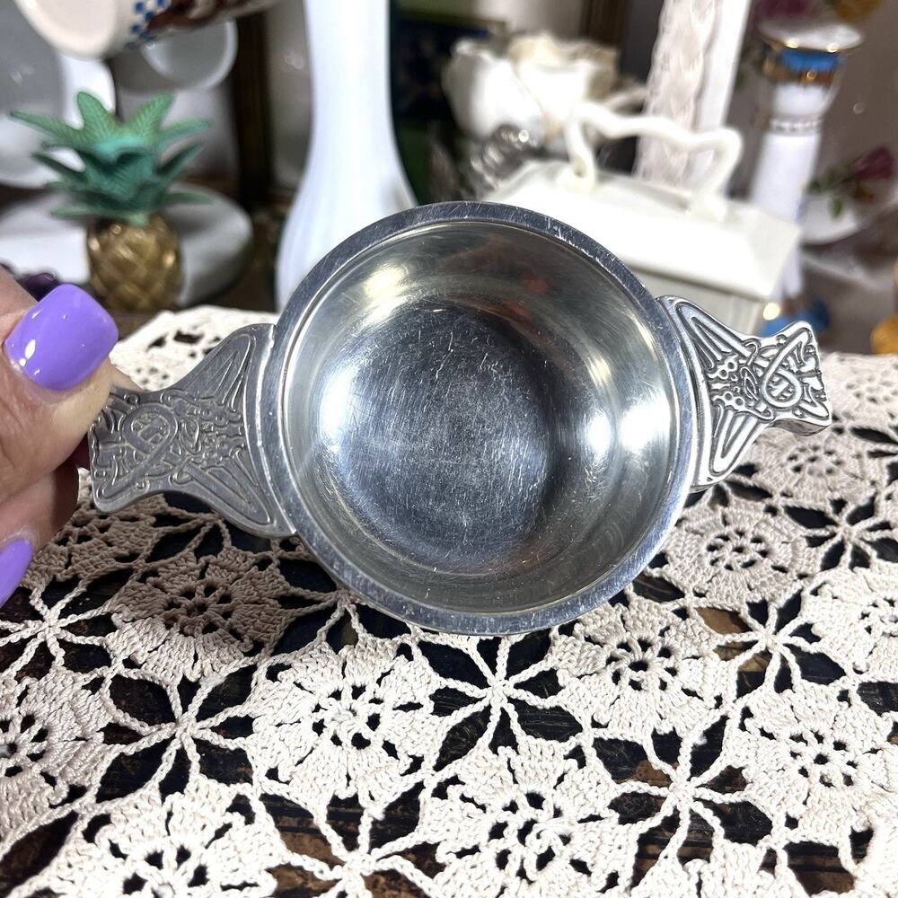 Vintage Small Scottish Quaich Co Pewter Toasting Bowl With Celtic Detail 3"wide